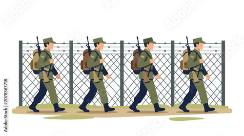 Military soldiers marching in formation along barbed wire fence