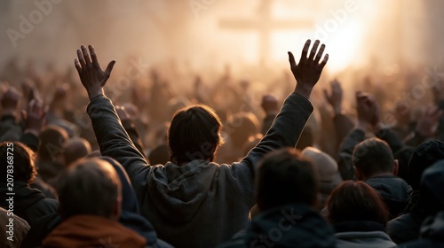 Crowd of people worshiping the cross	
