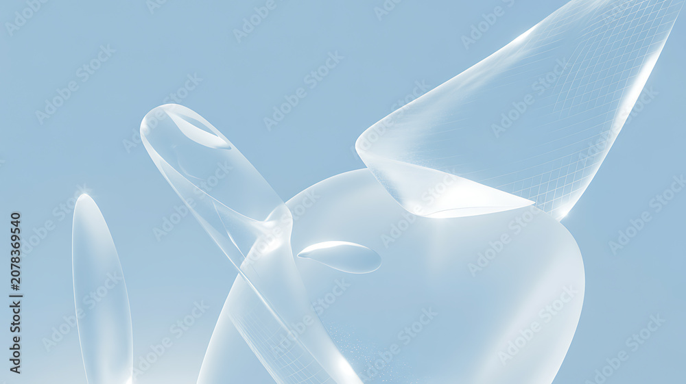 Fototapeta premium Translucent abstract form with curved surfaces a 3d rendering against a pale blue backdrop shape curve surface transparent