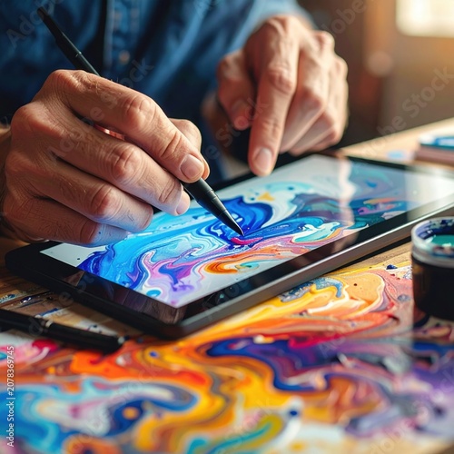 Artist using digital tablet pen to draw colorful fluid abstract liquid art, creative workspace, workflow efficiency