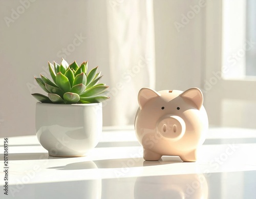 beige piggy bank next to potted succulent plant, representing financial growth, savings investment, personal budget and money management