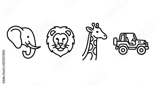 Canvas Print Safari Icons: Elephant, Lion, Giraffe, and Jeep - Minimalist Line Art