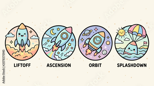 Photos Cute Rocket Journey Stages: Liftoff, Ascension, Orbit, Splashdown - Cartoon Vect