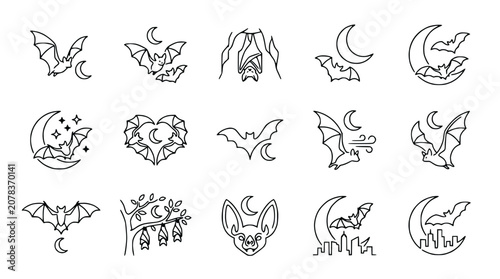 Cuadro en lienzo Halloween Bat Icons: Moon, Stars, Heart, Cityline & Tree Night Flying Creatures