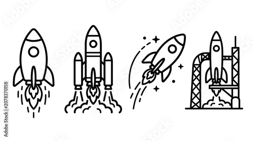Photos Rocket Launch Set: Line Icons of Spacecraft Taking Off, Ascending, and at Launch