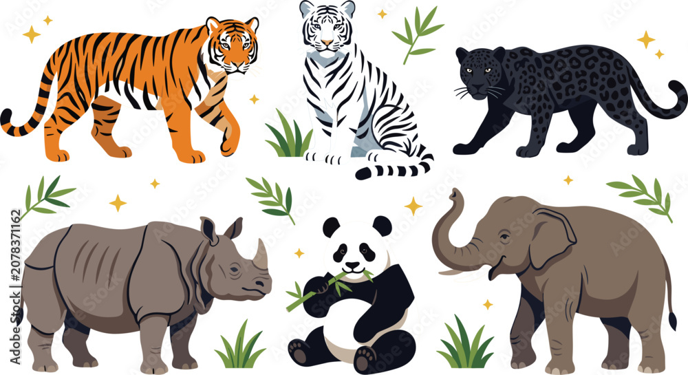 Obraz premium Wildlife Animal Collection Vector Set with Tiger, White Tiger, Black Panther, Rhinoceros, Panda Bear, and Elephant Illustrations