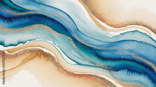 Abstract watercolor waves with gold flecks and beige tones create a flowing artistic composition fluid flow swirl texture