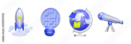 3D illustration of innovation object set with rocket, lightbulb, globe and telescope for business launch, global expansion, creative thinking, market discovery, and startup vision.