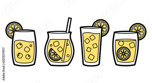 Photos Refreshing Lemonade Drinks with Slices and Ice Cubes - Set of Four