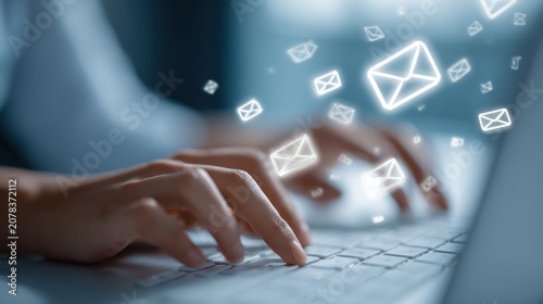 Hands typing on laptop keyboard with email icons