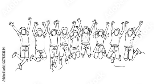 Cuadro en lienzo Diverse group of happy children jumping in the air, line art illustration
