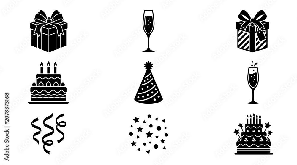 Fototapeta premium Collection of Black Icons Representing Birthday Party Elements Such As Gifts Cakes Champagne and Confetti