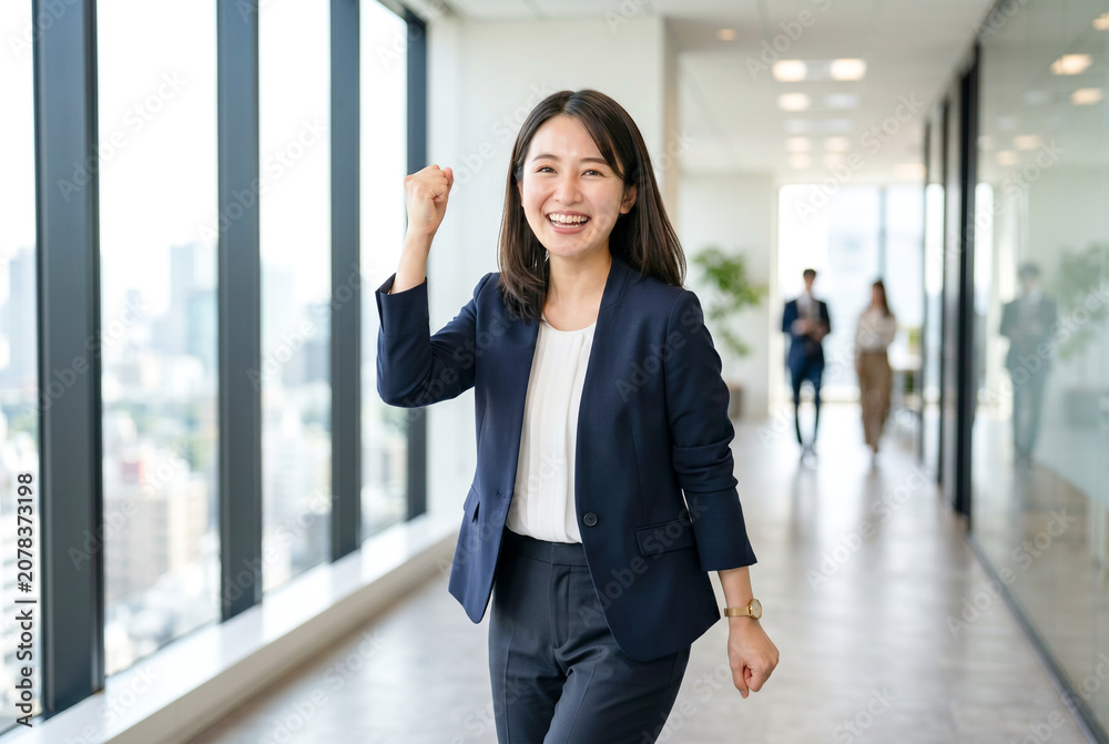 Fototapeta premium 仕事の成功を喜びオフィスでガッツポーズをする笑顔の若い日本人ビジネスウーマン
