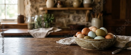 Bowl of Fresh Colorful Farm Eggs on a Rustic Wooden Table