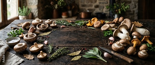 Fresh assorted mushrooms, herbs, and garlic on a rustic wooden table with copy space