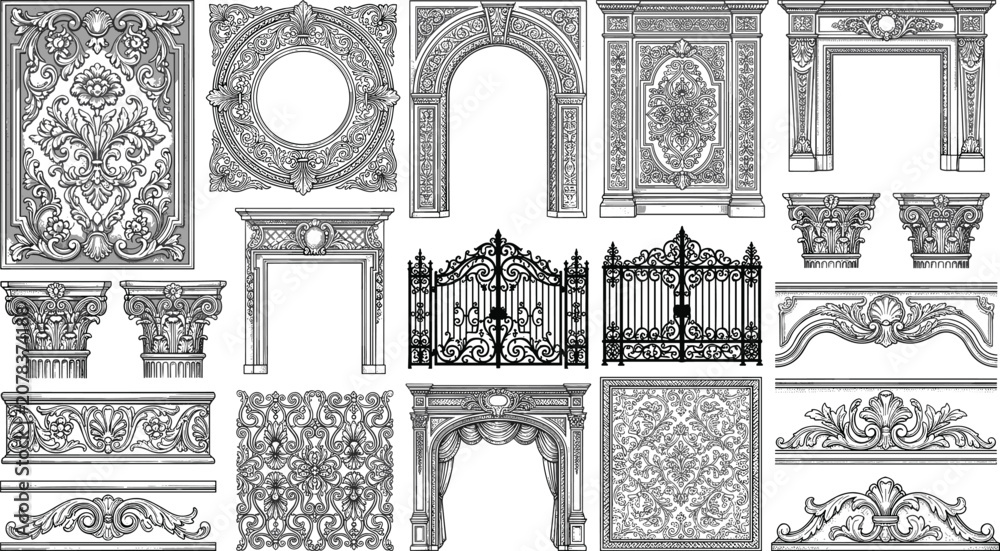 Fototapeta premium Vintage classical architecture ornament vector illustration bundle featuring baroque frames fireplace mantels arches pillars gates and ornate relief elements
