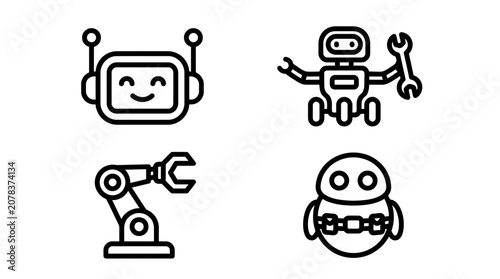 Cuadro en lienzo Cute Robot Icons Set: Android, Mechanic, Arm, Droid