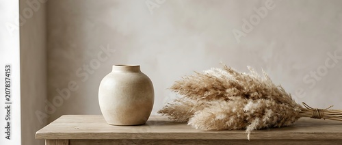 Minimalist Ceramic Vase and Dried Pampas Grass on Wooden Table