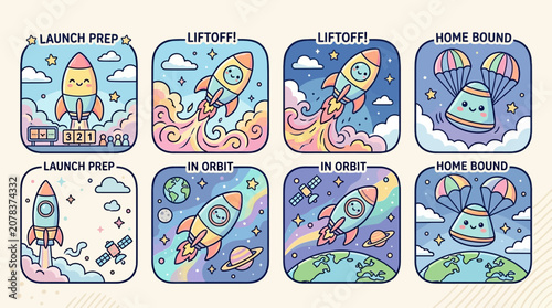Photos Cute Rocket Journey: Launch, Orbit, and Home Bound in Pastel Colors