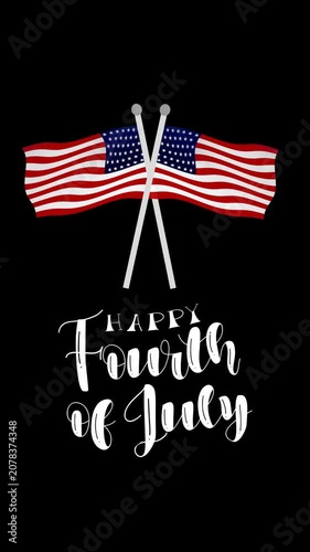 Crossed american flags with white cursive text make a patriotic independence day banner for festive celebrations and national pride. Perfect for holiday designs.