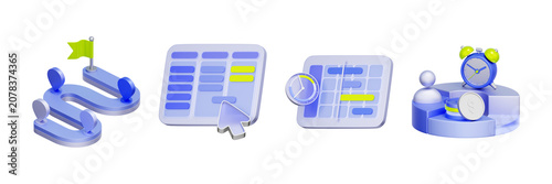 Bilde på lerret 3D illustration of project management object set with roadmap flag kanban board calendar timer and pie chart clock for task scheduling workflow tracking milestone planning and timeline execution