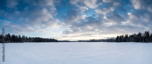 Panoramic Winter Landscape of a Snow Covered Field and Forest at Sunset