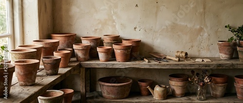 Rustic Potting Bench with Terracotta Pots and Gardening Tools