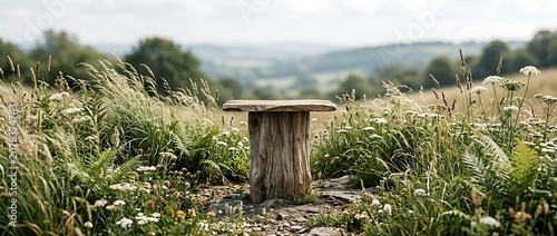 rustic wooden tree trunk pedestal in a wildflower meadow with rolling hills