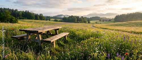 Rustic Wooden Picnic Table in a Wildflower Meadow at Sunrise