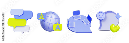 Fotografía 3D illustration of team interaction object set with chat bubbles, translation globe, laptop desk and feedback profile for multilingual communication, virtual meeting, social engagement, and support