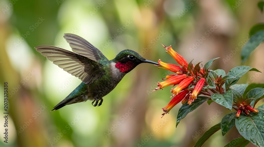 Fototapeta premium Ruby-throated hummingbird feeding on nectar from a vibrant red flower.