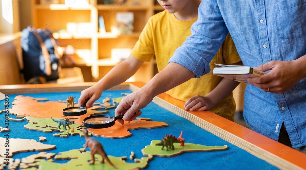 Fototapeta premium Parent and child exploring world map with toy dinosaurs and magnifying glasses for educational homeschooling geography lesson