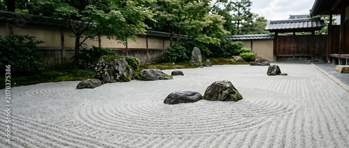Traditional Japanese Zen Rock Garden with Raked Gravel and Green Trees