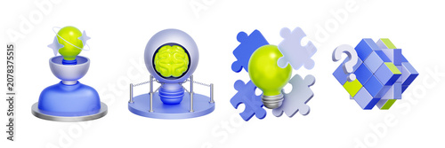 Fotografie 3D illustration of intelligence object set with mind bulb avatar, brain sphere, puzzle bulb and logic question block for problem solving, creative thinking, idea generation, and strategic planning
