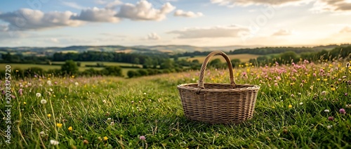 Wicker picnic basket in a scenic wildflower meadow at sunset