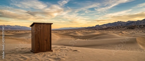 Wooden Lectern Podium in a Vast Desert Landscape at Golden Hour