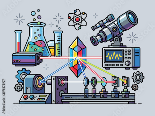 This sophisticated illustration depicts the intersection of science and technology through various symbols including beakers, a telescope, and an optical device with vibrant colors and details.
