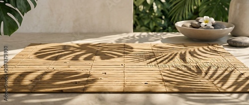 Zen Bamboo Mat with Palm Leaf Shadows and Spa Stones