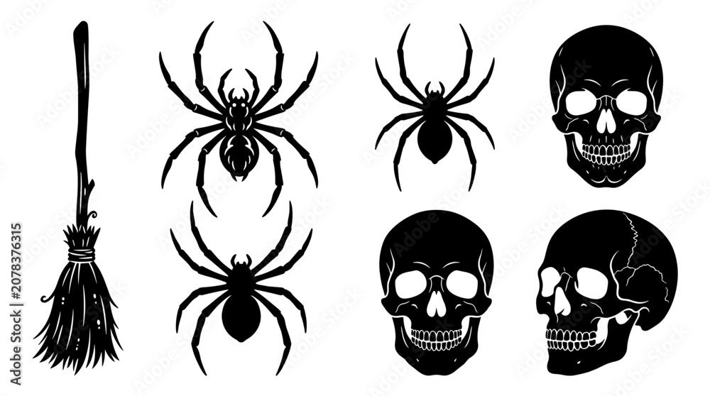 Fototapeta premium Halloween Icons Collection Featuring Spiders Skulls and a Witchs Broomstick in Black Silhouette