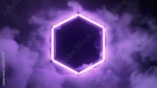 Glowing Neon Hexagon Frame Surrounded by Misty Clouds in Digital Lavender Hues