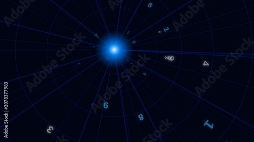 Digital numbers rotating moving across blue grid network with central light, for data flow, technology, global communication, secure information transfer