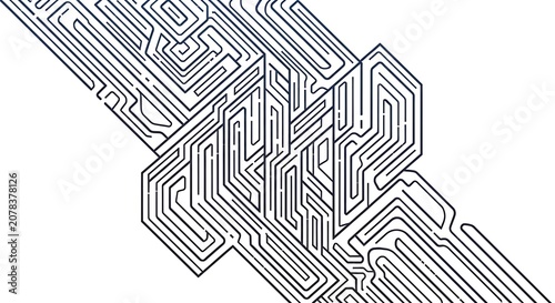 Circuit pattern design features complex geometric line work.