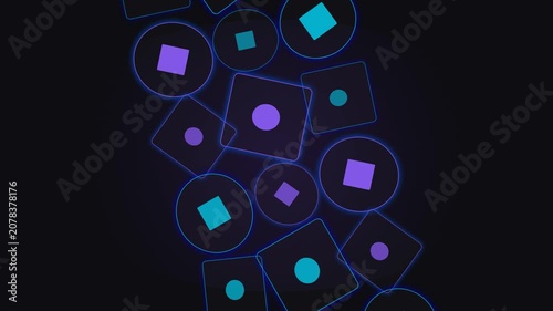 Dynamic abstract geometric shapes rotating merging on dark background, for data flow, digital connectivity, technological innovation, modern network systems