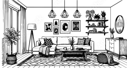 Modern Living Room Interior Black and White Architectural Sketch Vector Illustration with Contemporary Furniture Home Decor and Minimalist Design Elements