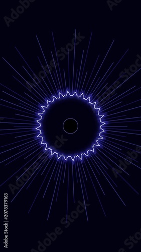 Pulsating neon blue sound equalizer graphic with radial lines radiating center, for music visualization, data flow, futuristic technology, dynamic energy for presentations
