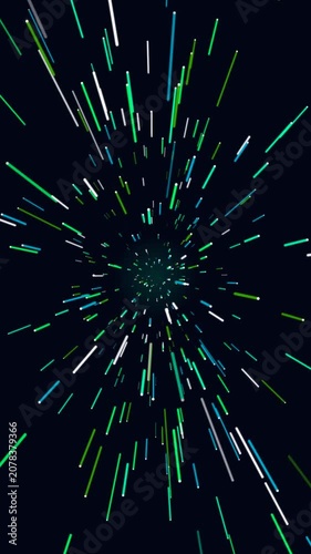 Vibrant abstract lines in green, blue, white rapidly streaking outwards central point, for high-speed data transfer, digital communication, technological innovation, futuristic network