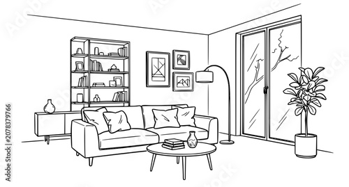 Elegant Scandinavian Living Room Black White Outline Interior Vector Sketch with Cozy Home Furniture Illustration