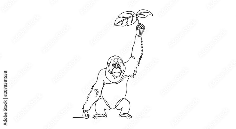 Fototapeta premium Minimalist Orangutan Holding Leaf, Single Line Art, Primate Wildlife Illustration
