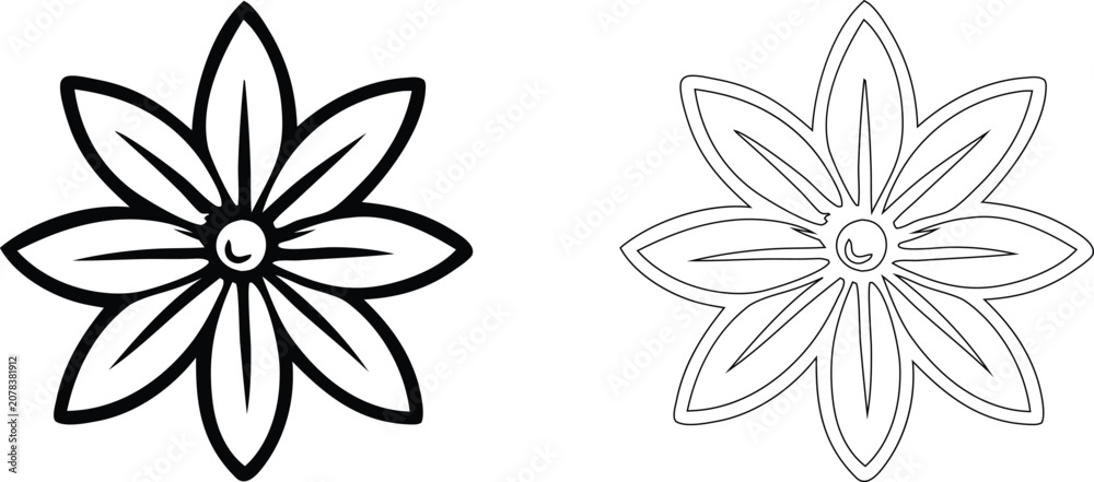 Obraz premium Star shaped flower set with pointed petals, thick bold black line and thin outline style, isolated on white background