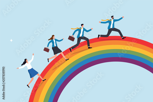 Business people running up a colorful rainbow bridge to reach success and professional goals Vector, illustration